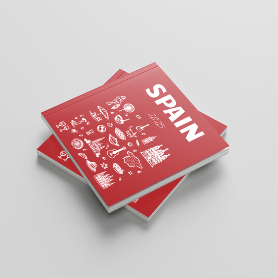 Red photobook with 'Spain' and various icons on a light gray background