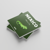 Green square photobooks with 'Mexico' and an iguana illustration on a light gray background
