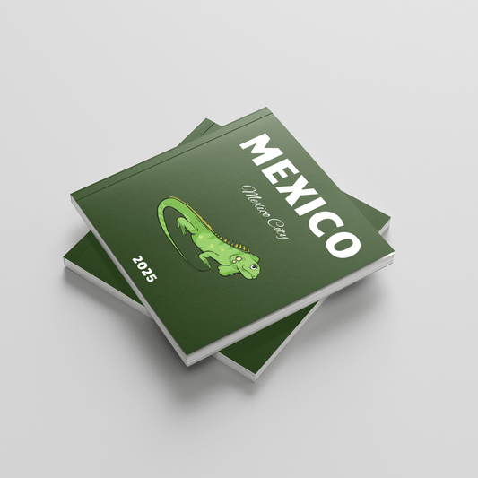 Green square photobooks with 'Mexico' and an iguana illustration on a light gray background