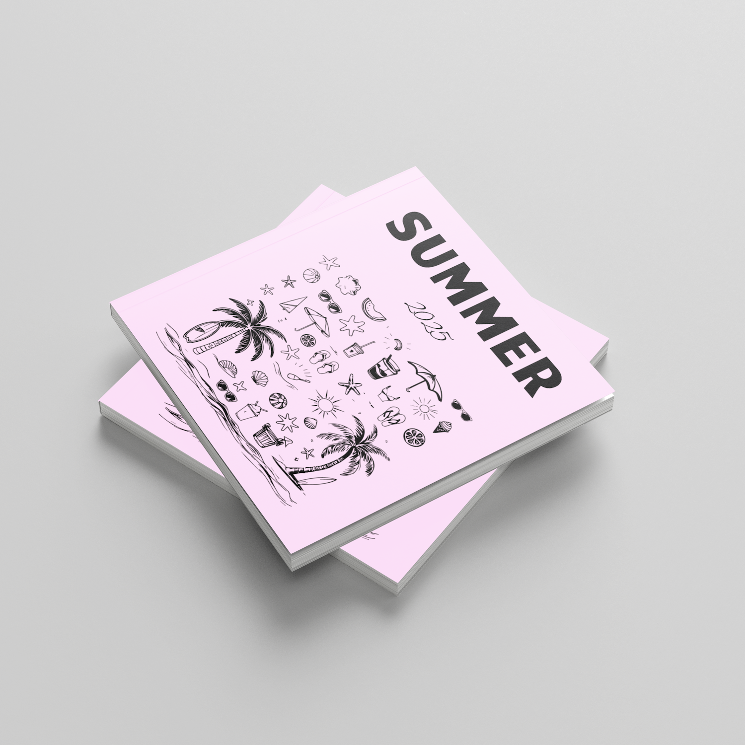 Stack of photobooks with 'Summer' design on a light gray background