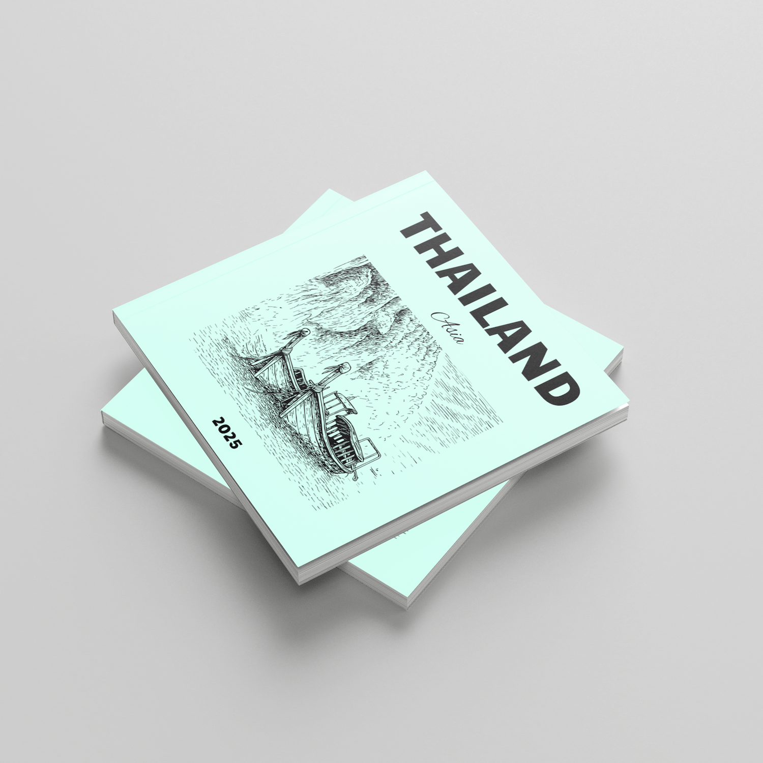 Stack of books with 'Thailand' and a map on the cover against a light gray background