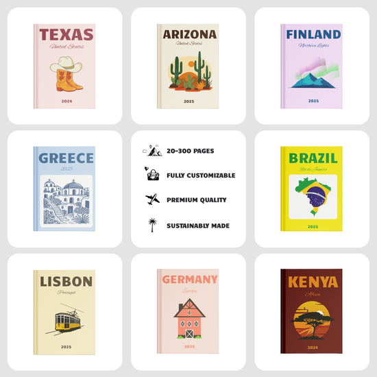 Collection of travel photobooks with various designs and text on a white background