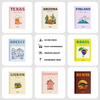 Collection of travel photobooks with various designs and text on a white background